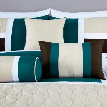 Комплект постільної білизни Chezmoi Collection Upland 7-piece, Patchwork Design, розмір King (Oversized), блакитно-зелений/бежевий/коричневий