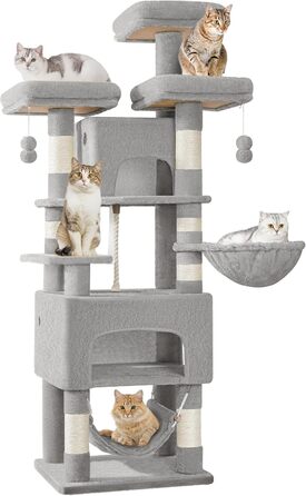 Кігтеточка для котів Hzuaneri, 176 см, XL, 3 платформи, 2 печери, 7 стовпчиків, гамак, плюшеві кульки, для багатокотових домівок, MS17618SG (Світло-сірий)
