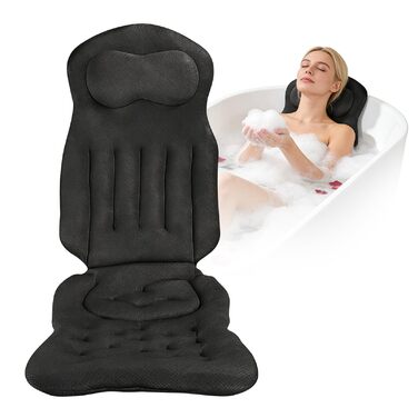 Подушка для ванни Ganz Körper (Чорна) з підголовником для підтримки шиї, спини та ніг. Товста ванна килимок з присосками та гачками.