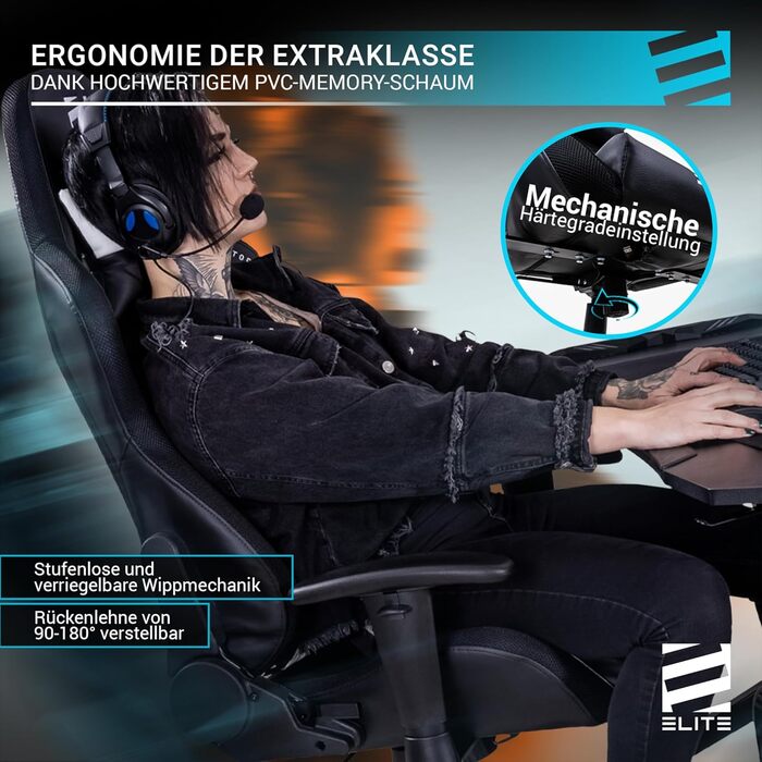 Геймерське крісло ELITE LED Destiny: ергономічне офісне крісло з RGB підсвіткою, штучна шкіра (чорно-біле)