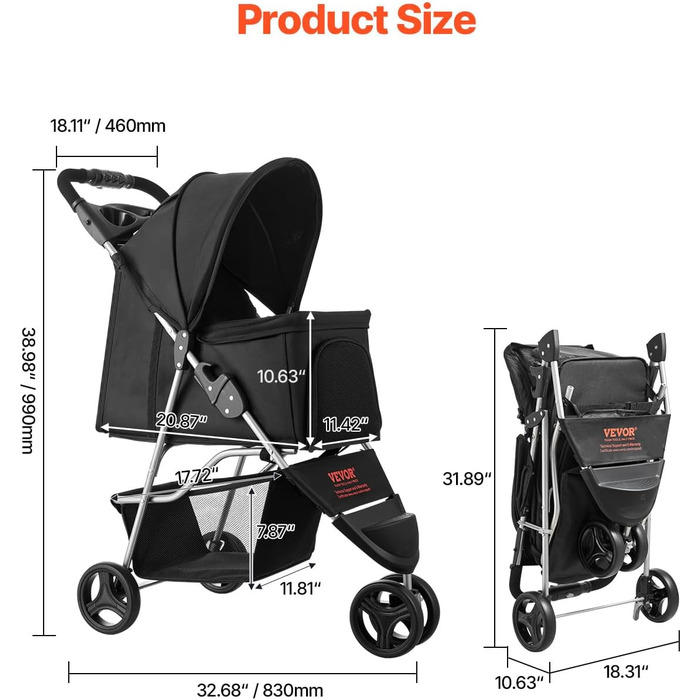 VEVOR 3-Wheel Pet Stroller - Dog & Cat Buggy, 16kg Capacity, Foldable with Cup Holders & Brakes