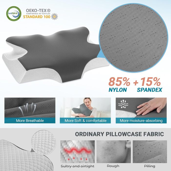 Ортопедична подушка Elviros з Memory Foam, ергономічна подушка для шиї, для тих, хто спить на боці, спині та животі, знімний чохол, Space Grey, 64×(11,5/13)×40 см