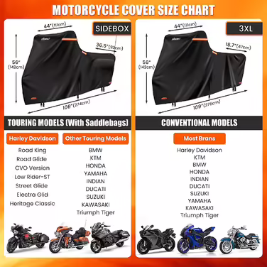 Водонепроникний чохол для мотоцикла Harley Davidson Touring, 420D, преміум-якість, захист від дощу, пилу та UV, для моделей із боковими кофрами (274x111x142 см), чорний