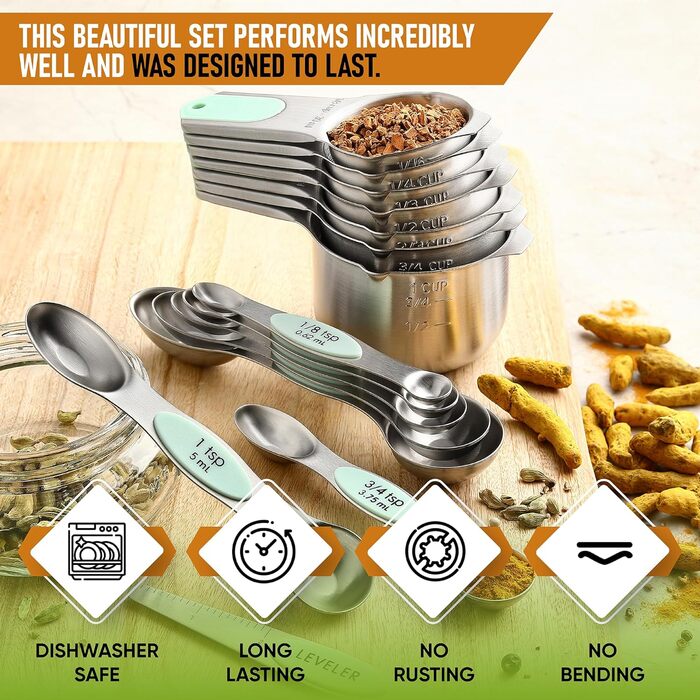 Measuring cups and spoons, magnetic, mint green, 15 pieces