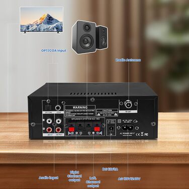 AK55 HiFi стерео підсилювач 2-канальний, 1000 Вт Bluetooth 5.3, 50+50 Вт, для 8-дюймових домашніх колонок, бас/требл, AUX, FM, мікрофон, USB