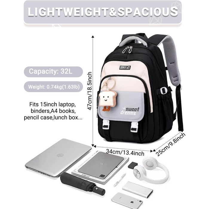 Шкільний рюкзак для дівчаток 2-10 класів, 32L, легкий дитячий рюкзак | Дихаюча спинка | М'які лямки | Брест-стріжка, ранці для школи, рюкзак для підлітків 8+ років (Чорний)