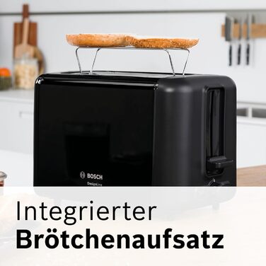 Bosch Compact Toaster DesignLine TAT3P423DE, Integrated Stainless Steel Bread Roll Attachment, With Automatic Shut-off, With Defrost Function, Perfect for 2 Slices of Toast, Lift Function, Wide, 970 W, Black Polished/Black Front Painted Single
