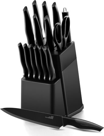 Набір ножів Joyfair 15 предметів з підставкою, з високоякісної нержавіючої сталі, з точильним каменем, кухонний набір з кухонним ножем, ножем для хліба, ножицями та ножами для нарізки та подрібнення, чорний