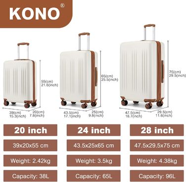 Набір валіз KONO: 3 шт. (55/65/75 см) з TSA-замком, розширювані, легкі, з 4 колесами