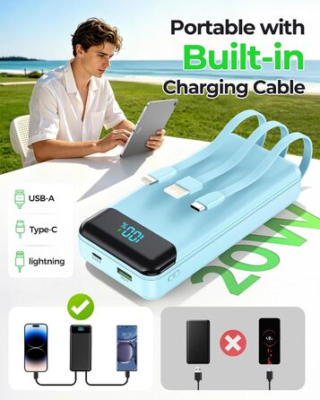 Power Bank Enerwow 27000mAh з USB-C кабелем, 4 порти, LED-дисплей, для iPhone та інших пристроїв (P300C, Синій)