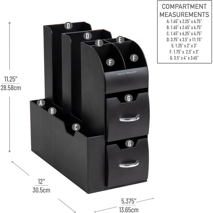 Mind Reader Anchor Collection 11 Compartments for Coffee Cups and Spices, with 2 Drawers, Plastic Rubber, Black, 1 Pack