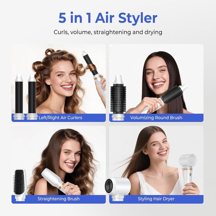 Airstyler 5 в 1: Фен-щітка, плойка, стайлер для об'єму, укладання та випрямлення волосся, 1000W, білий