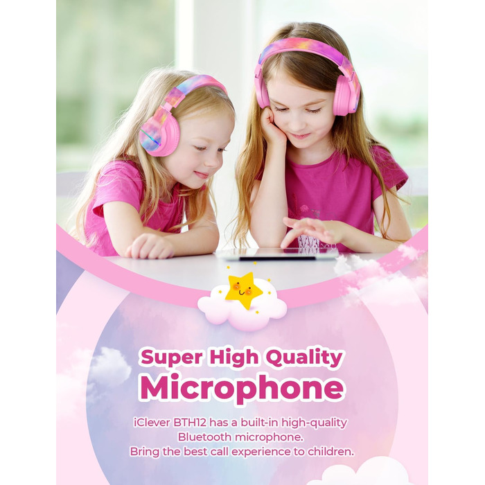 iClever Бездротові навушники для дітей з LED-підсвіткою, Over-Ear, Bluetooth 5.2, мікрофон, BTH12 (Tie-dye рожевий)