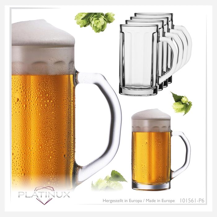 Набір скляних пивних кухлів PLATINUX Bierseidel з ручкою 6 шт. 300 мл (макс. 350 мл) для пива, прозорі, 0.3 л