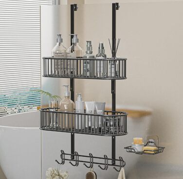 Настінна поличка для душу AIGOCITY без свердління, чорна, для скляних душових кабін, з 3 гачками, регульована висота, для шампуню та гелю для душу