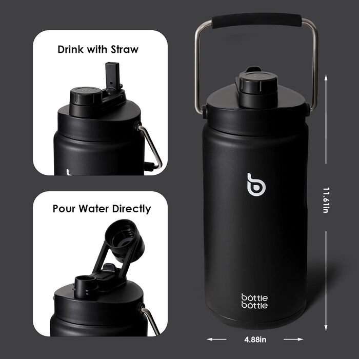 BOTTLE BOTTLE Insulated Stainless Steel Water Bottle 64oz (1.8L) with Straw, Lid, Handle & Pill Compartment – BPA-free, Leak-proof, Ideal Drinking Bottle for Sports, Fitness, Hiking & Outings (Black)