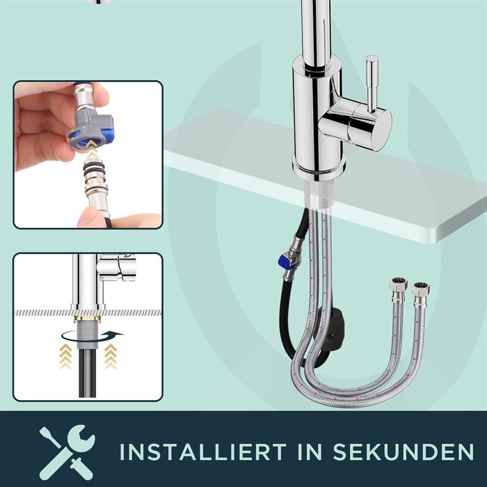 Змішувач для кухні FORIOUS з висувною лійкою та душем, 360° обертання, 2 режими, полірована хром