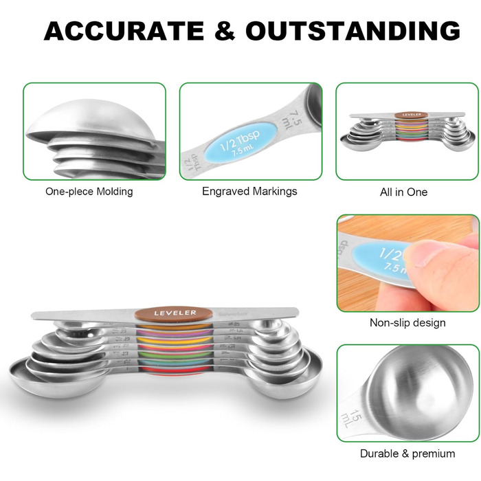 Magnetic measuring cup and spoon set, stainless steel, 5 cups and 7 spoons, with leveler (multicolored)
