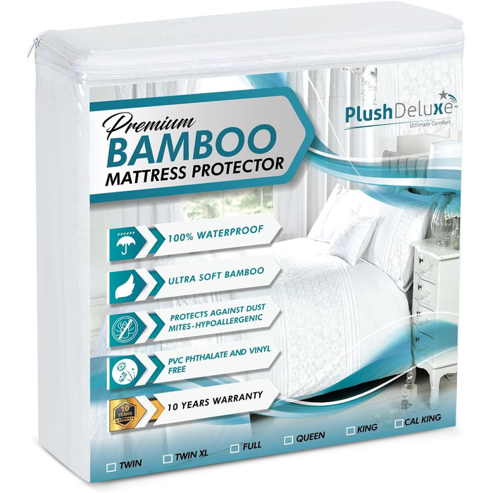 PlushDeluxe Bamboo Mattress Protector - Waterproof, hypoallergenic, and ultra-soft breathable cover protection - PVC, Phthalate Free (Queen Size)