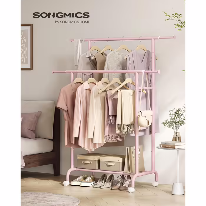 SONGMICS Clothes Rack with 2 Clothes Rods, Extendable Wardrobe Rail, with Wheels, Coat Rack, Height Adjustable between 113 and 180 cm, Lower Rod Adjustable, LLR401R01 (Pastel Pink, 120D x 50W x 156H cm)