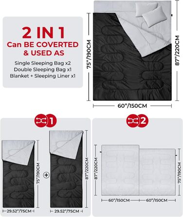 Спальний мішок на дво персони Ohuhu 220x150 см, чорний - для кемпінгу, подорожей, сім'ї та фестивалів