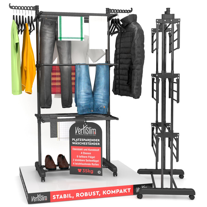 Сушарка для білизни VertiSlim складана, вежа з 4 рівнями, нержавіюча сталь, на колесах, чорна - для дому та вулиці