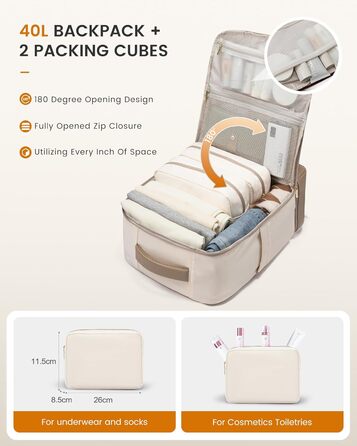 LOVEVOOK Рюкзак для ручної поклажі 40L з окремим відділенням для взуття, рюкзак-валіза для подорожей, жіночий, з відділенням для мокрого та сухого, 3 шт. (Бежевий, Хакі)