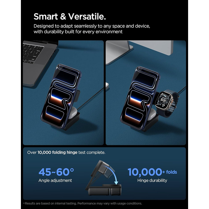 Зарядна станція Spigen Essential Qi2.2 25W 3-в-1 MagSafe для iPhone 17/16 Pro Max, Pixel 10 Pro, AirPods, Samsung Galaxy S26 Ultra - Чорна + USB-C кабель 2м