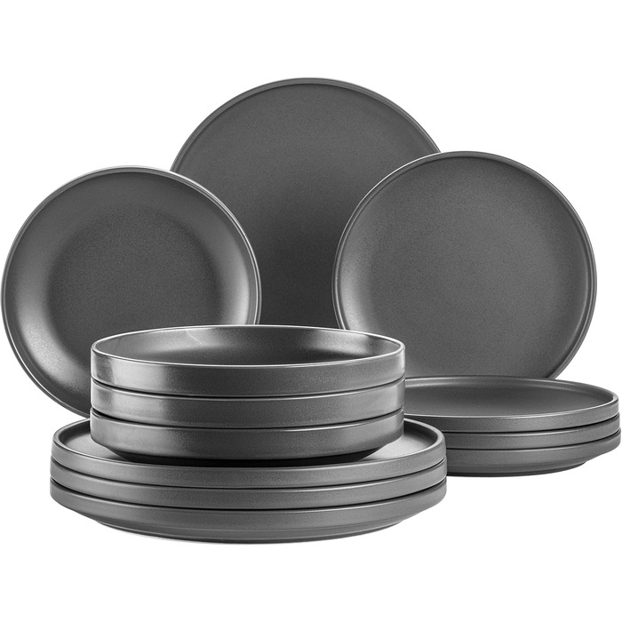 Набір тарілок MÄSER Serie Vada (12 шт.) - сучасний дизайн, шведська якість, для 4 осіб, порцелан, білий глянцевий/сірий матовий