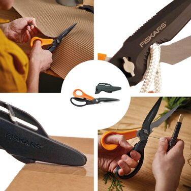 Універсальні ножиці Fiskars Cuts + More з титановим покриттям та заточувачем, розбірні леза, 23 см, чорно-помаранчеві, 1000809
