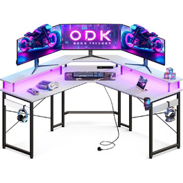 Ігровий стіл ODK з LED-підсвіткою, 2 розетками та 2 USB, кутовий білий комп'ютерний стіл з підставкою для монітора 129x129 см для геймінгу та домашнього офісу