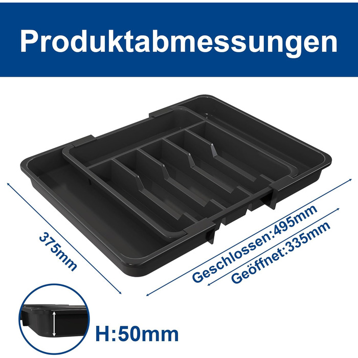 Органайзер для столових приборів в шухляду 40 см, чорний, пластиковий, з регульованими перегородками (6-8 відділень)