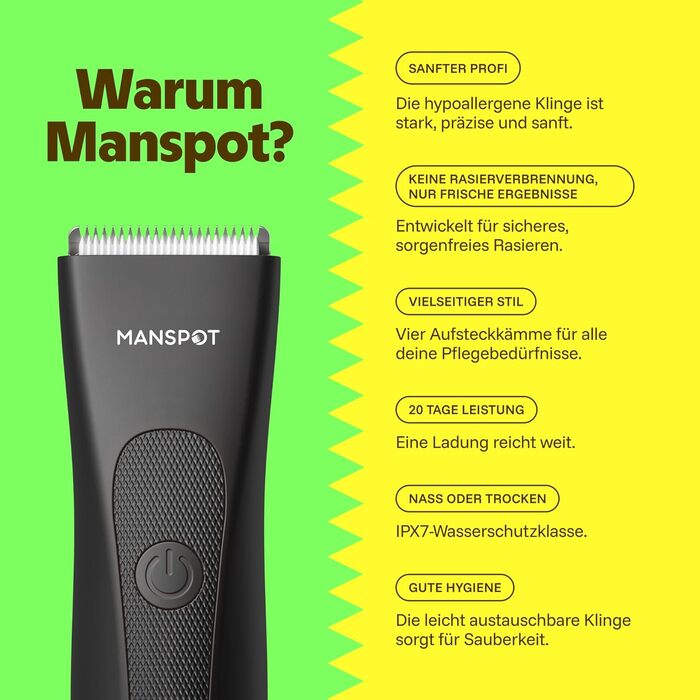 Електричний тример для тіла MANSPOT Intimrasierer для інтимної зони, обличчя та бороди з керамічною бритвою, 4 насадки, чорний