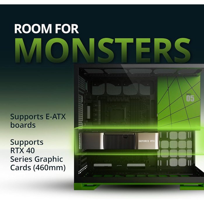 Корпус для ПК Geometric Future M5 з загартованим склом, Mid Tower, E-ATX/ATX, для геймінгу, сталь 1.2 мм, Type C, без інструментів, підтримка радіатора 420/360, подвійний відсік, чорний/зелений, GEO-M5-BNY Black/Green Glass ver