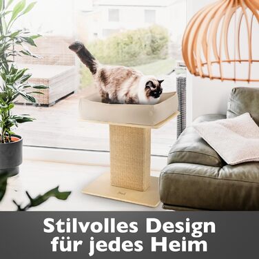 Nemmy Premium Cat Tree Small Beige | Stable Scratching Post Extra Wide | Cat Bed with Cushion | Cat Tree for Large Cats | Modern Wood Natural | Scratching Column | Scratching Post