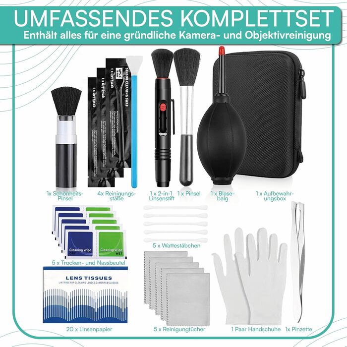 Набір для чищення камери Pixly® 16 предметів: Професійний набір для DSLR з повітряним насосом, 2-в-1 олівцем для лінз, пензлем для чищення, рукавичками та мікрофібровими серветками. Підходить для камери, об'єктива та сенсора.