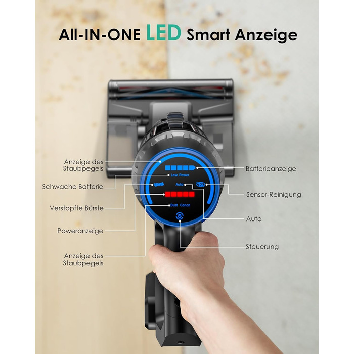 Бездротовий акумуляторний пилосос з функцією миття підлоги, 45000 Па/550 Вт/60 хв, безщітковий двигун, LED-дисплей, самостійна парковка, для твердих поверхонь, килимів та шерсті тварин, блакитний