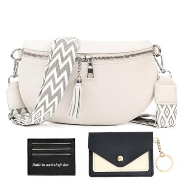 Жіноча сумка через плече з широким ремінцем, бананка з натуральної шкіри, стильна з багатьма відділеннями для карток, кросбоді, гаманець жіночий (білий)