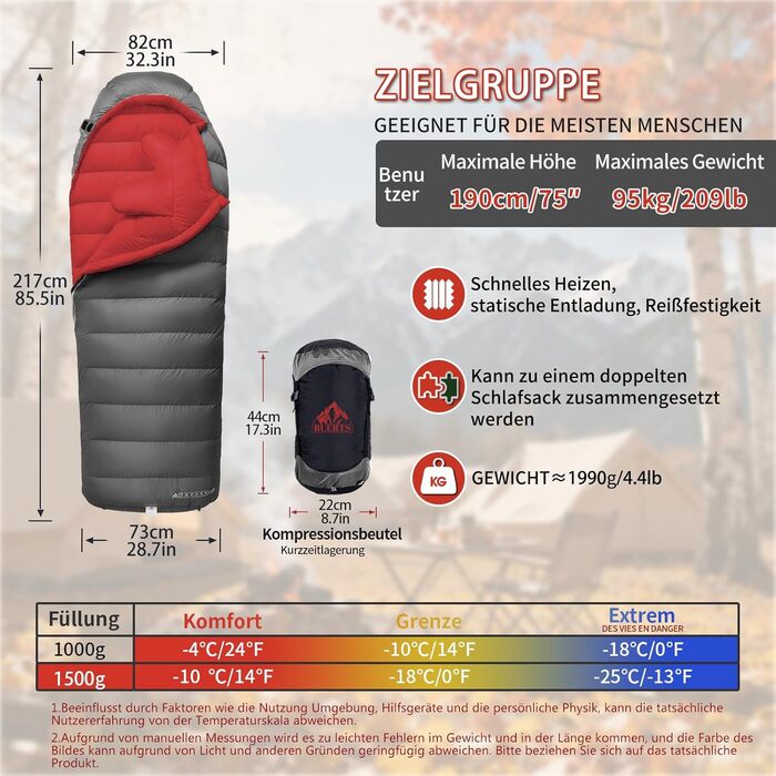 Спальний мішок для дорослих з пухом, 680FP, Outdoor, зимовий, для кемпінгу, походів та подорожей, з компресійним мішком, -10°C, сірий