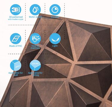 Набір 3D стінових панелей Art3d «Діамант», жорсткий ПВХ, водостійкі та термостійкі декоративні панелі (33 шт.)