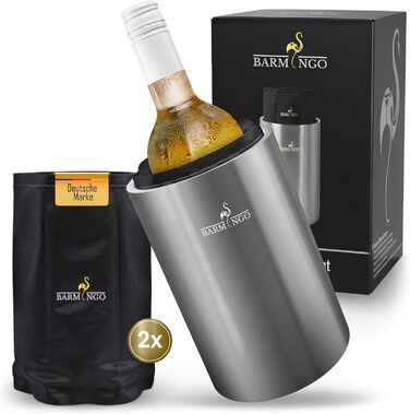Охолоджувач для вина BARMINGO з нержавіючої сталі з 2 охолоджувальними акумуляторами – охолоджувач напоїв та флаконів для вина, шампанського, сект | Охолоджувач сект з подвійними стінками з охолоджувальними манжетами | Охолоджувач для винних пляшок | Сріб