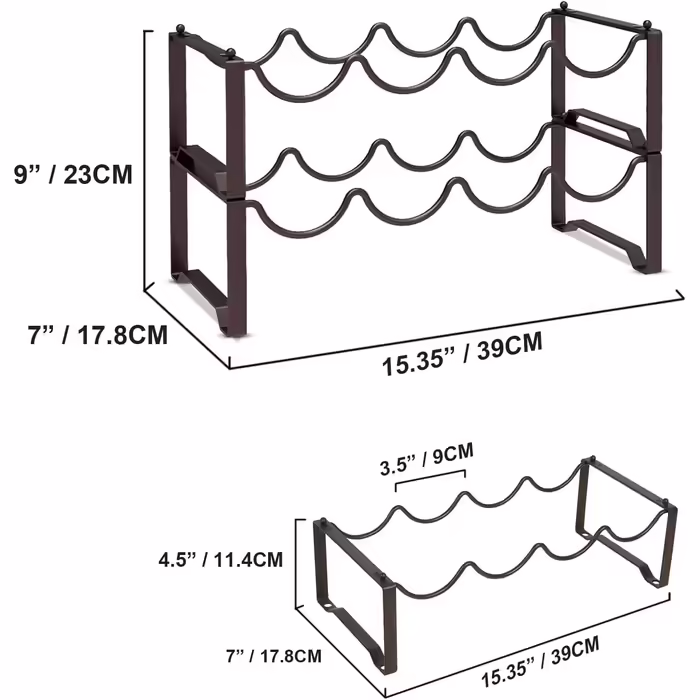 Metal wine rack, stackable bottle rack for cellars, bars, and storage rooms, stable modular expandable bottle and wine storage (4 tiers) (8 bottles)
