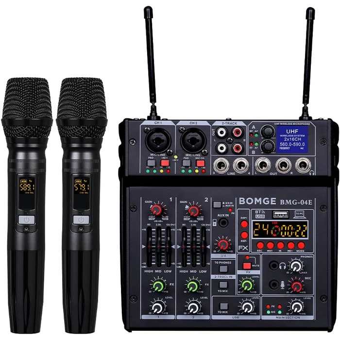 BOMGE 04E Караоке-аудіомікшер 4-канальний з бездротовими Dual-UHF мікрофонами, Bluetooth, MP3, USB, 48V фантомне живлення, для DJ, вечірок, комп'ютера