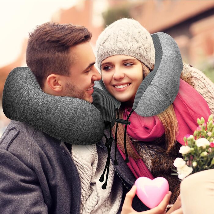 Подушка для шиї у літак 2 шт. Memory Foam, м'яка та підтримуюча, для подорожей, сну, авто, поїздів та дому (Синій та Сірий) (C-чорний та Сірий)