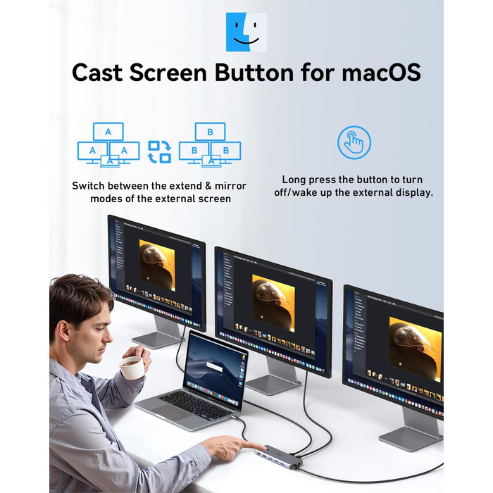 Док-станція USB C 13 в 1 для трьох моніторів: Dual HDMI 4K, DisplayPort, 10G USB 3.1, Ethernet, PD 100W, аудіо/мікрофон, сірий
