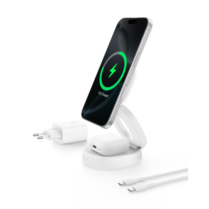 Бездротова зарядна станція 2-в-1 Belkin BoostCharge Qi2 15W MagSafe для iPhone 17, AirPods, Pixel, біла (з адаптером 30 Вт)