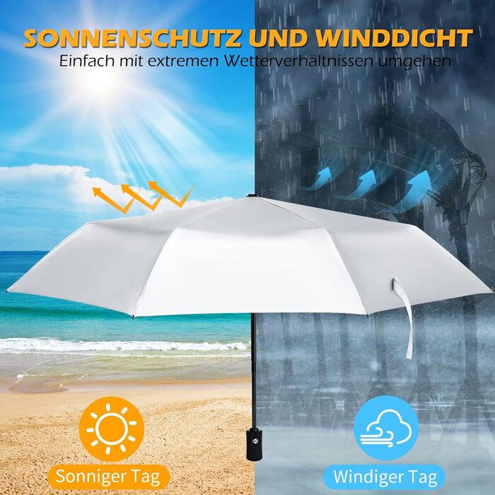 Зонт від сонця та дощу, 46 дюймів (117 см), 8-ми рифлений, вітростійкий, автоматичний, для чоловіків та жінок, срібно-чорний