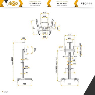 Мобільна підставка для телевізора RICOO FS0364 на колесах 40-85 дюймів, регульована висота, VESA 600x400 до 50 кг