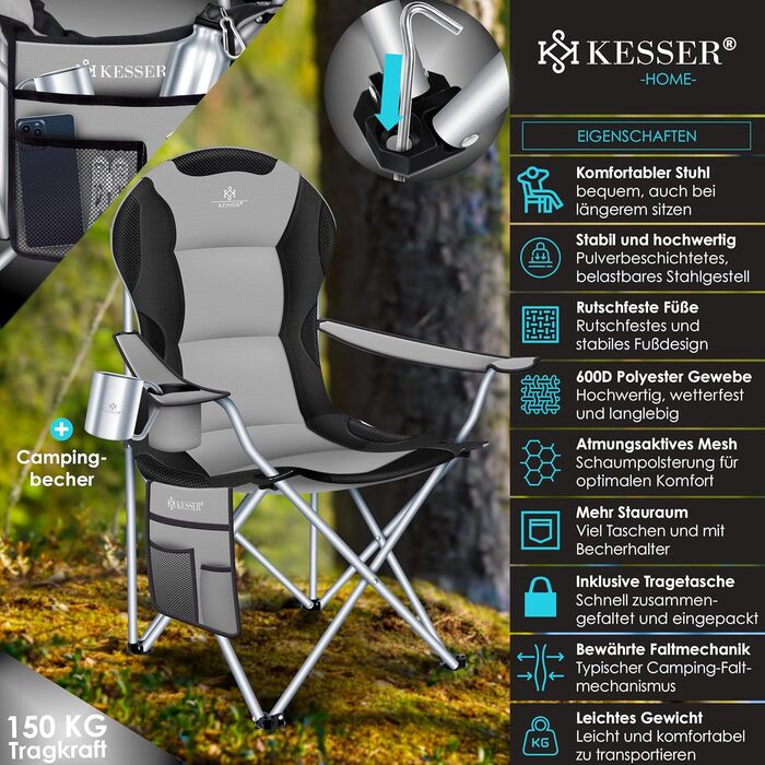 Крісло кемпінгове складне KESSER® до 150 кг, з підлокітниками, високою спинкою, сіре/чорне. З підсклянником та сумкою