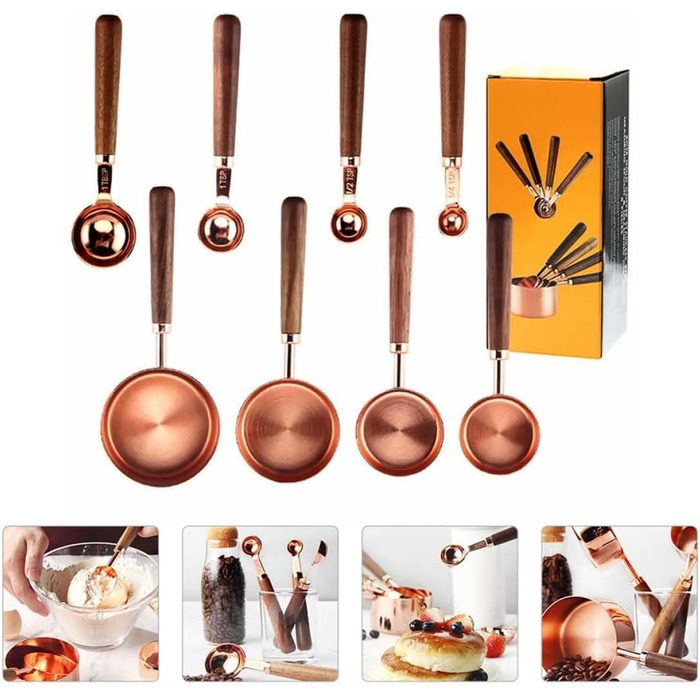 RiJpex Measuring Spoon, Pourer, Measuring Cup, 1 Set/4 Pieces, Gold-Colored Kitchen Utensil, Coffee Scoops, Utensils, Dessert Scoop, Ingredient Scale, Walnut Unit Scoop